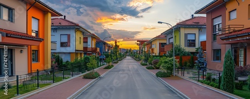 modern houses, terracotta, light gray, functional design, meticulous design, rich color palette, streets cape
