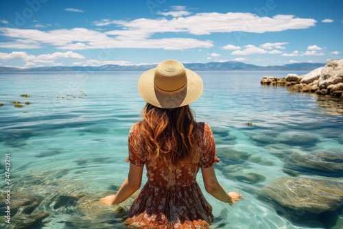 A young woman in a straw hat and orange dress stands in Lake Tahoe, looking at the shore and mountains. The clear blue water reveals the lake bottom and sun shining through.