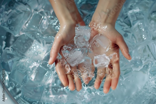 A woman's hands cool in a sink with water and ice, light color background. Cold water therapy benefits for health concept.