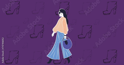 Image of walking woman over falling shoes
