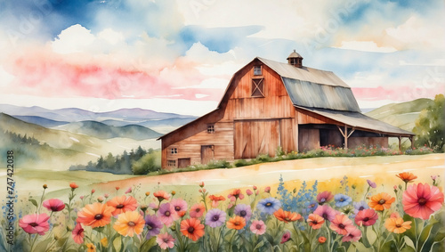 Rustic watercolor barn surrounded by rolling hills and wildflowers.