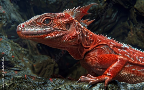 Ruby basilisk in a deep cave its scales glinting like precious stones with a hypnotic gaze that petrifies onlookers