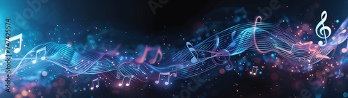 Melody flowing music wave abstract background showing colourful music notes which are musical notation symbols, panoramic stock illustration image