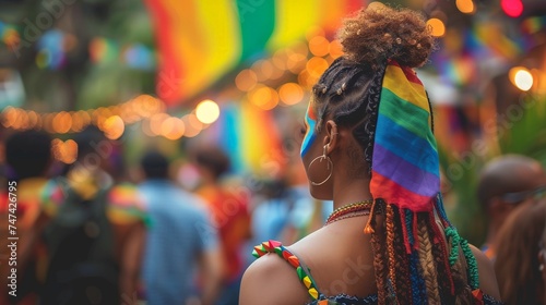 a woman with rainbow hair and a rainbow flag on her head