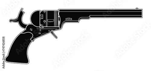 Vector illustration of the 1836 Colt Paterson revolver with cocked hammer on the white background. Black. Right side.