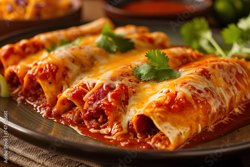 A plate of enchiladas, a traditional Mexican dish made with tortillas filled with meat, cheese, or beans, and then rolled up and covered in chili sauce