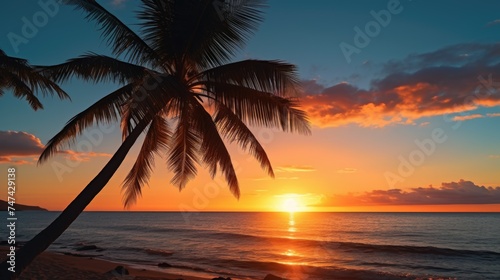 Beautiful palm tree on the beach at sunset. Perfect for travel ads