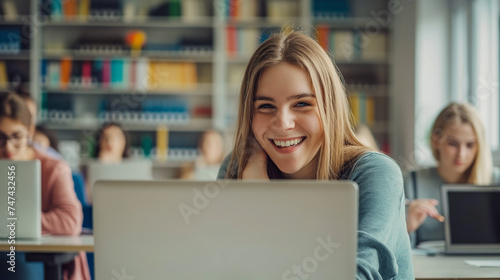 Retrato de uma estudante sorridente trabalhando no laptop enquanto está sentada na mesa em sala de aula