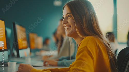 Retrato de uma estudante sorridente trabalhando no laptop enquanto está sentada na mesa em sala de aula