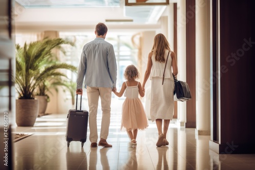 Back view of happy family with luggage walking in hotel corridor. Back view of young parents and little girl holding hands and going to travel together.
