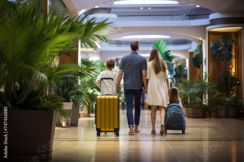 Back view of family walking with luggage in hotel lobby. Rear view of mother and father with kids looking at each other while going on vacation.