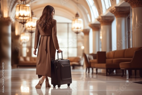 Back view of young woman with suitcase in the lobby of the hotel. Travel and business concept. with copy space. 