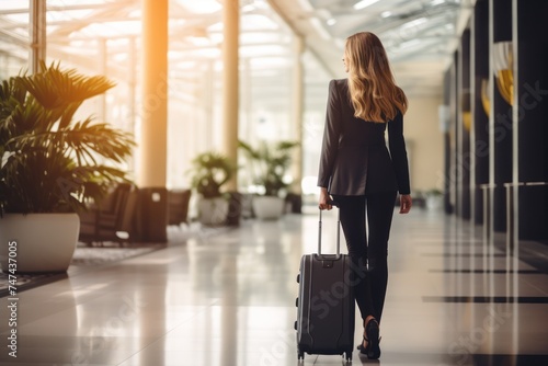 Back view of young businesswoman walking with suitcase in airport terminal. Travel and business concept. with copy space. 