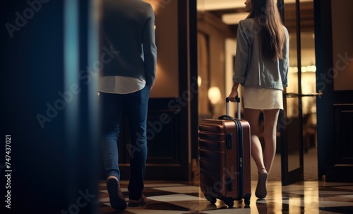 Back view of young woman and man walking with luggage in hotel room. Travel and business concept. with copy space. 