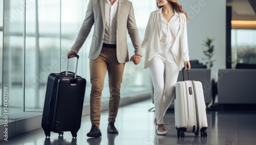 Cropped image of businesspeople walking with suitcases in the airport. Travel and business concept. with copy space. 