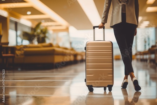 Close up of business woman walking with luggage in hotel lobby. Business travel concept. Travel and business concept. with copy space. 