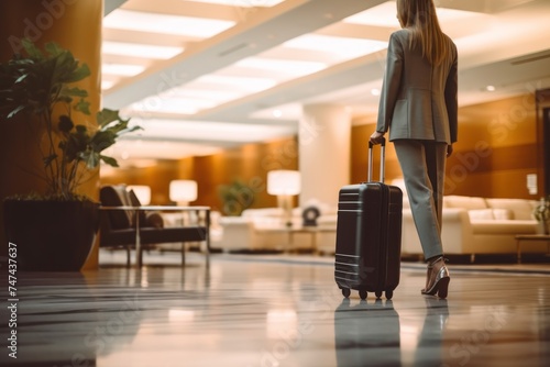 Young businesswoman with suitcase in hotel lobby. Travel and tourism concept. Travel and business concept. with copy space. 
