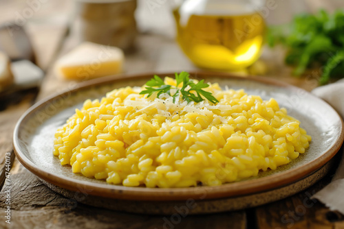 A plate of risotto alla milanese, a creamy rice dish from Milan made with saffron, butter, and Parmesan cheese
