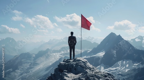 A Businessman Standing on Top of a Mountain with a Red Flag