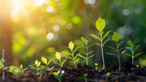 Green Plants Sprouting in Dirt with Sunlight