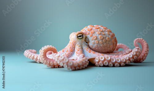Pink octopus on blue studio background