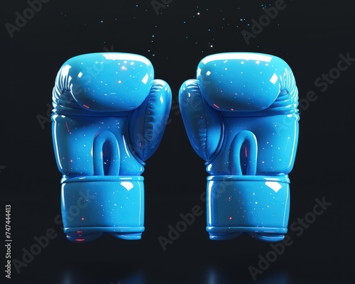 a pair of blue boxing gloves on a black background, in the style of whimsical animation, a 3d rendered blue rounded square button, playful and colourful and bubbly