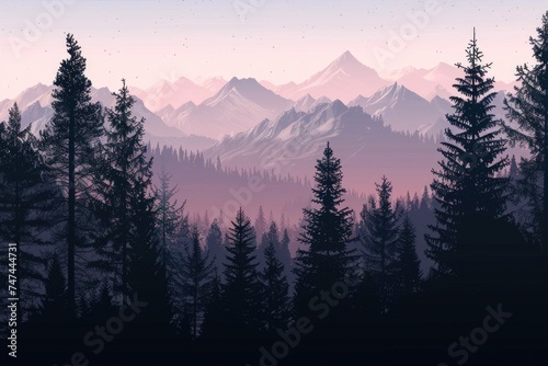 A scenic view of a mountain range with pine trees in the foreground. Perfect for nature enthusiasts