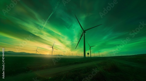  Wind Turbines under the Northern Lights in a Richly Colored Sky Wind turbines generating renewable energy in a vast field under the blue sky.