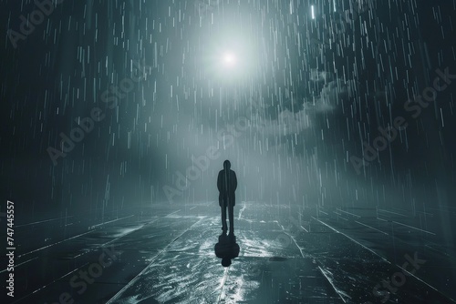 On a concrete floor, a lone figure gazes at Saturn through a downpour, ultra-realism blurring space and rain
