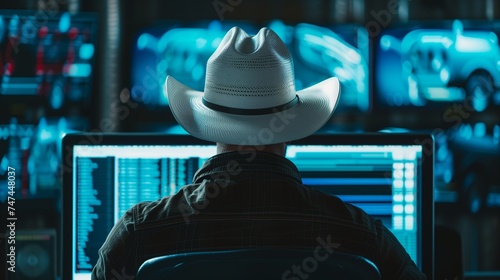 Ethical hacker wearing a white cowboy hat, intently working on a computer in a dark room illuminated by multiple screens displaying code, symbolizing cybersecurity and data protection.