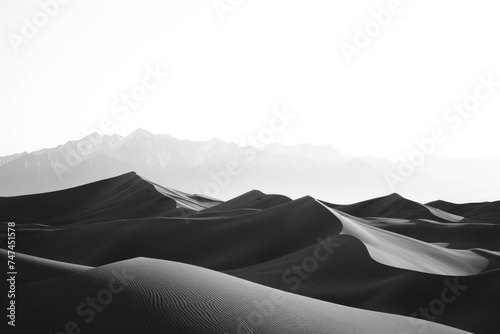 Black and white photo of sand dunes and mountains. Perfect for nature lovers