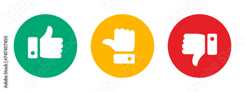 Like, dislike and neutral thumb icon symbol set in circle with green, yellow and red color on white background. Rating thumb icon set - Vector Icon