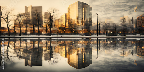 colored sunset, mirror water reflection of skyline cityscape scenery, Water reflections, beautiful reflection during the sunset light in berlin city, Modern skyline reflects in water, Generative AI
