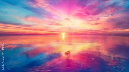 A colorful sunset over a calm lake reflecting