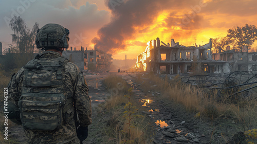 a lone soldier watches the destroyed city