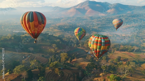 Colorful hot air balloons flying over a picturesque valley. Suitable for travel and adventure concepts