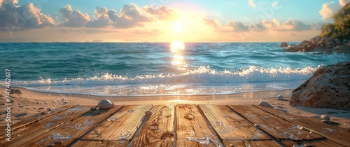 a wooden table on the beach, with the water next to it