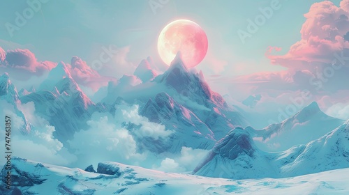 A painting of a ridge of mountains and the sun. Landscape at sunset or sunrise. Natural background in painted style. Illustration for cover, card, postcard, interior design, poster, brochure, etc.