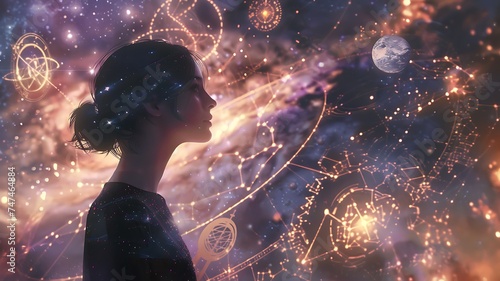 Silhueta feminina contra cosmos vibrante, contemplando a lua e constelações.