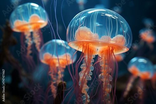 Multiple jellyfish swim gracefully in the water, their transparent bodies catching the light as they move together.