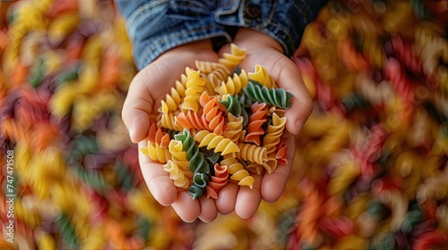 A handful of multicolored fusilli pasta against a blurred background.