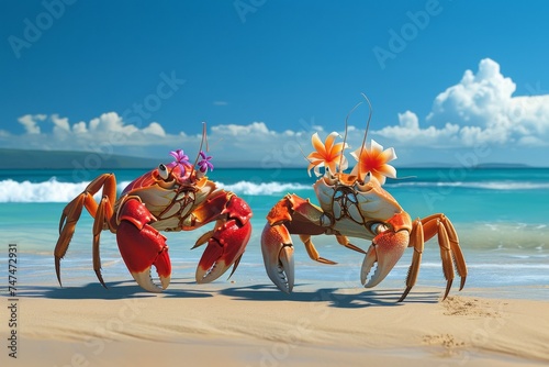 Two crabs on a tropical beach. 3d illustration