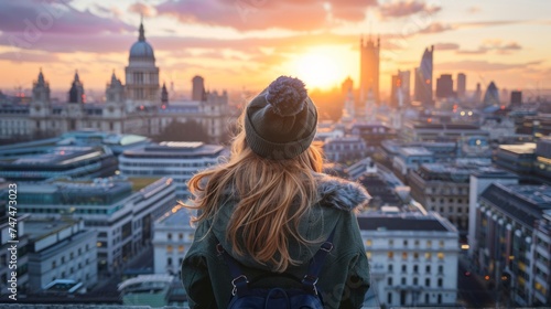 Young woman admiring london's sunset skyline: future, freedom, and business success concept with beautiful city background in gentle ligh