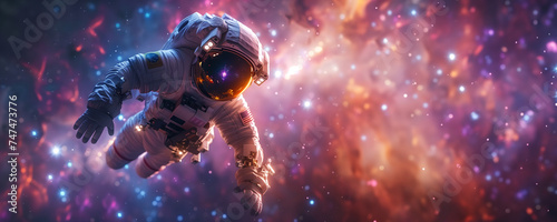 Astronaut floating in outer space with nebula and star background. Space exploration and adventure concept. Banner with copy space for Cosmonautics Day event.