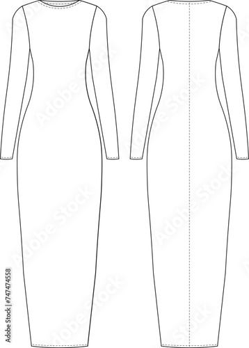 round neck crew neck long sleeve long maxi midi bodycon dress template technical drawing flat sketch cad mockup fashion woman design style model