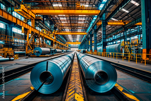Loading galvanised steel rolls with gantry crane in huge warehouse.