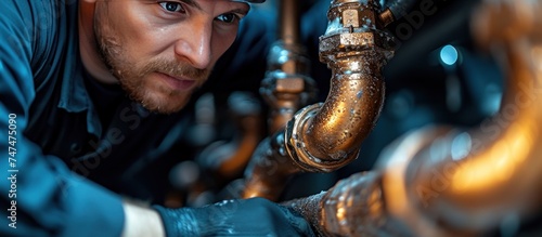 Plumbers working on pipes under sink