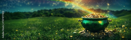 Pot of Gold, Mythical Cauldron at Rainbow's End, Luck Symbol, St. Patrick's Day Celebration, Fantasy Wealth Concept. Website Header with Copy Space. Generative AI