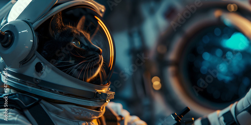 Tabby cat in astronaut helmet and suit against spaceship interior background. Space exploration and pet concept. Banner with copy space for Cosmonautics Day event. 