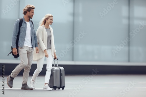 happy young couple with suitcases walking at airport terminal, travel concept. Travel and business concept. Travel and tourism concept with copy space. Copy space. 
